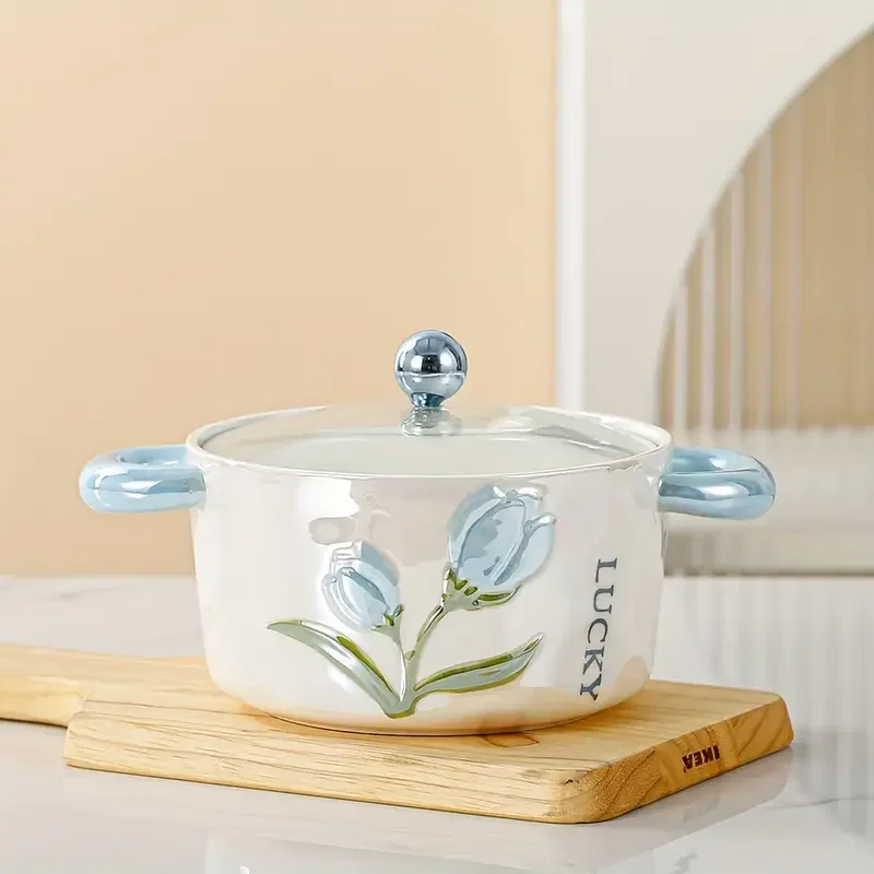 1pc ceramic bowl with lid pearl glazed tulip double ear creative and cute soup bowl rice bowl instant noodle bowl fruit bowl used for and restaurant kitchen supplies tableware accessories Product details 9