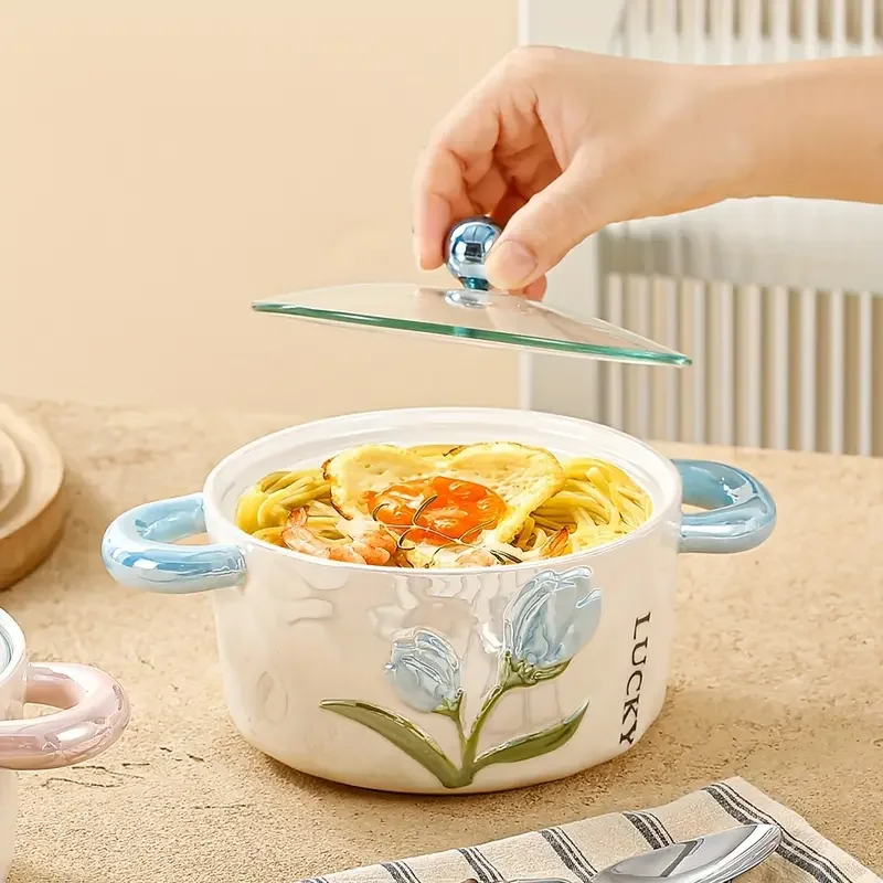 1pc ceramic bowl with lid pearl glazed tulip double ear creative and cute soup bowl rice bowl instant noodle bowl fruit bowl used for and restaurant kitchen supplies tableware accessories Product details 11