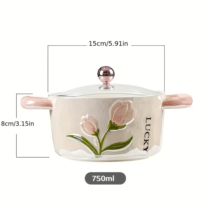 1pc ceramic bowl with lid pearl glazed tulip double ear creative and cute soup bowl rice bowl instant noodle bowl fruit bowl used for and restaurant kitchen supplies tableware accessories Product details 1