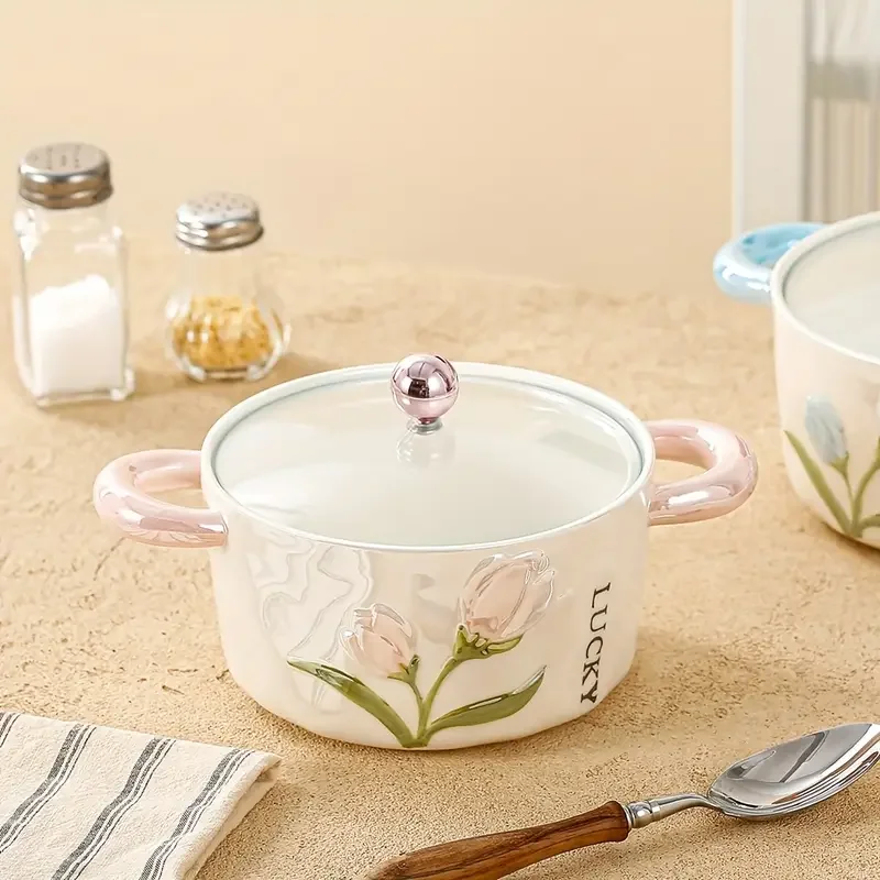 1pc ceramic bowl with lid pearl glazed tulip double ear creative and cute soup bowl rice bowl instant noodle bowl fruit bowl used for and restaurant kitchen supplies tableware accessories Product details 2