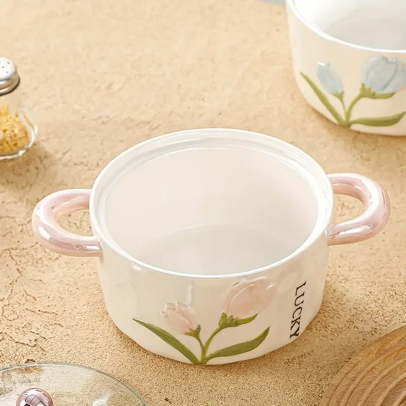 1pc ceramic bowl with lid pearl glazed tulip double ear creative and cute soup bowl rice bowl instant noodle bowl fruit bowl used for and restaurant kitchen supplies tableware accessories Product details 3