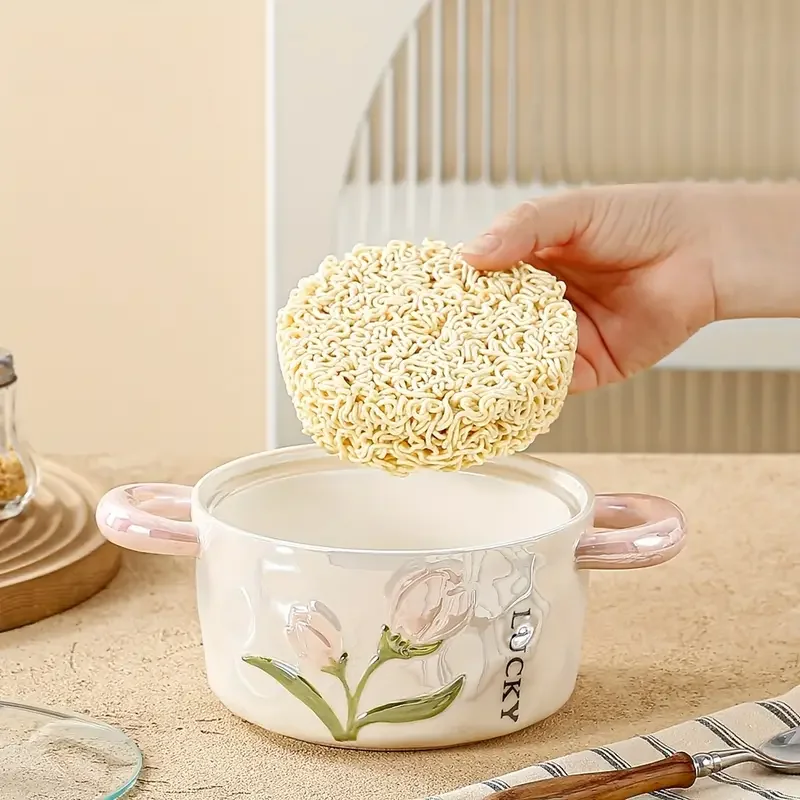 1pc ceramic bowl with lid pearl glazed tulip double ear creative and cute soup bowl rice bowl instant noodle bowl fruit bowl used for and restaurant kitchen supplies tableware accessories Product details 4
