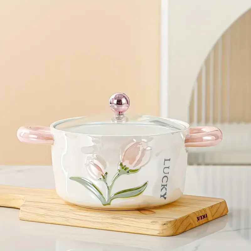 1pc ceramic bowl with lid pearl glazed tulip double ear creative and cute soup bowl rice bowl instant noodle bowl fruit bowl used for and restaurant kitchen supplies tableware accessories Product details 5