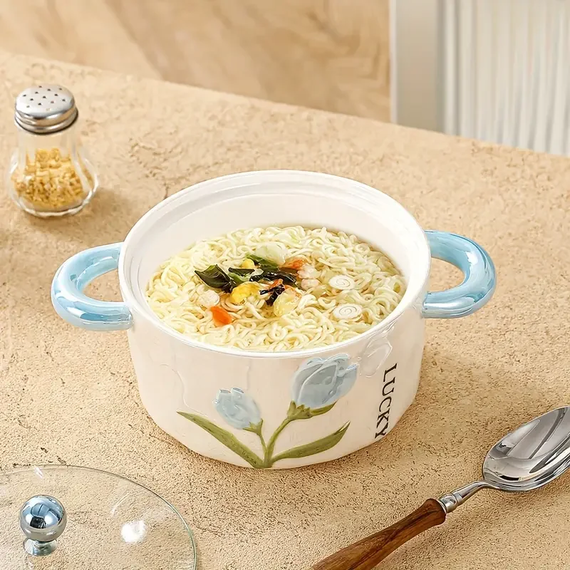 1pc ceramic bowl with lid pearl glazed tulip double ear creative and cute soup bowl rice bowl instant noodle bowl fruit bowl used for and restaurant kitchen supplies tableware accessories Product details 7