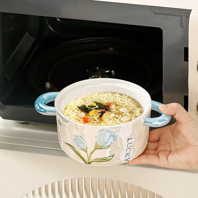 1pc ceramic bowl with lid pearl glazed tulip double ear creative and cute soup bowl rice bowl instant noodle bowl fruit bowl used for and restaurant kitchen supplies tableware accessories Product details 8