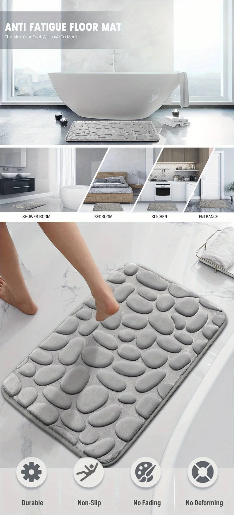 1pc cobblestone embossed bathroom bath mat coral fleece non slip carpet in bathtub floor rug for shower room doormat memory foam pad details 5