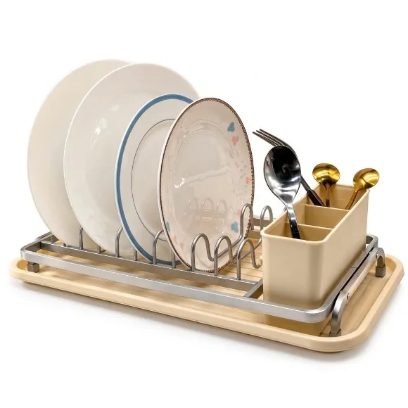 Compact Single-Tier Dish Drying Rack with Plastic Drainboard Removable Cutlery Holder