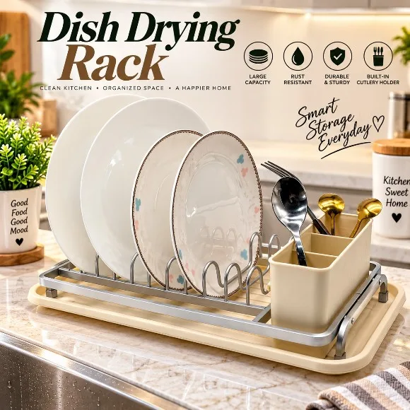 Compact Single-Tier Dish Drying Rack with Plastic Drainboard Removable Cutlery Holder