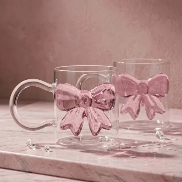 Creative Bow Glass Mug 300ml – Rose Handled Glass Cup
