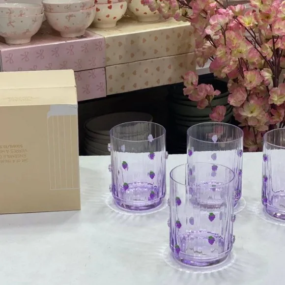 Crystal Drinking Glass Set Embossed Grape Design 6 Pieces 400ml
