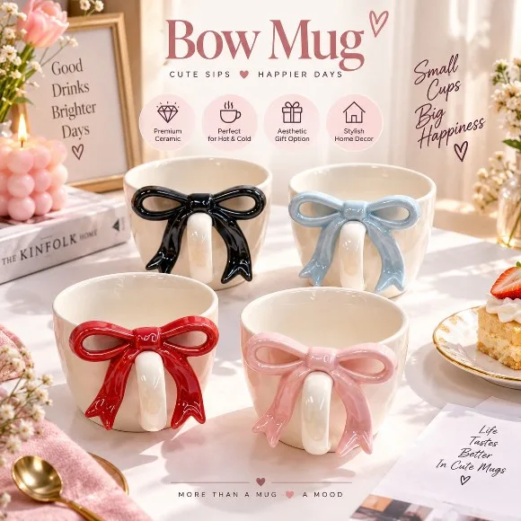 Cute Bow Mug Ceramic High-Value Gift Aesthetic Coffee Tea Cup 1Pcs