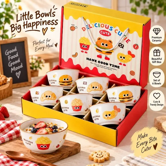 Cute Cartoon Ceramic Rice Bowl Set of 6 Hamburger Box Children's Dinnerware Set