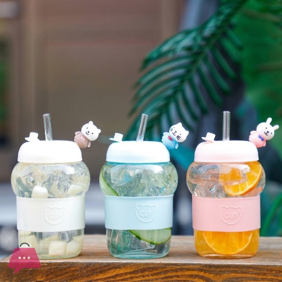 Cute Cartoon Glass Straw Cup Mini Bubble Water Cup Portable Heat-resistant Outdoor Drinking Cup 450ml