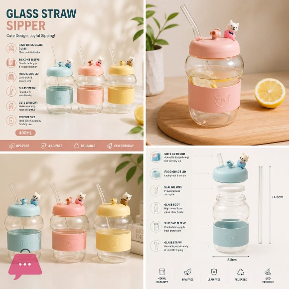 Cute Cartoon Glass Straw Cup Mini Bubble Water Cup Portable Heat-resistant Outdoor Drinking Cup 450ml