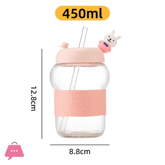 Cute Cartoon Glass Straw Cup Mini Bubble Water Cup Portable Heat-resistant Outdoor Drinking Cup 450ml