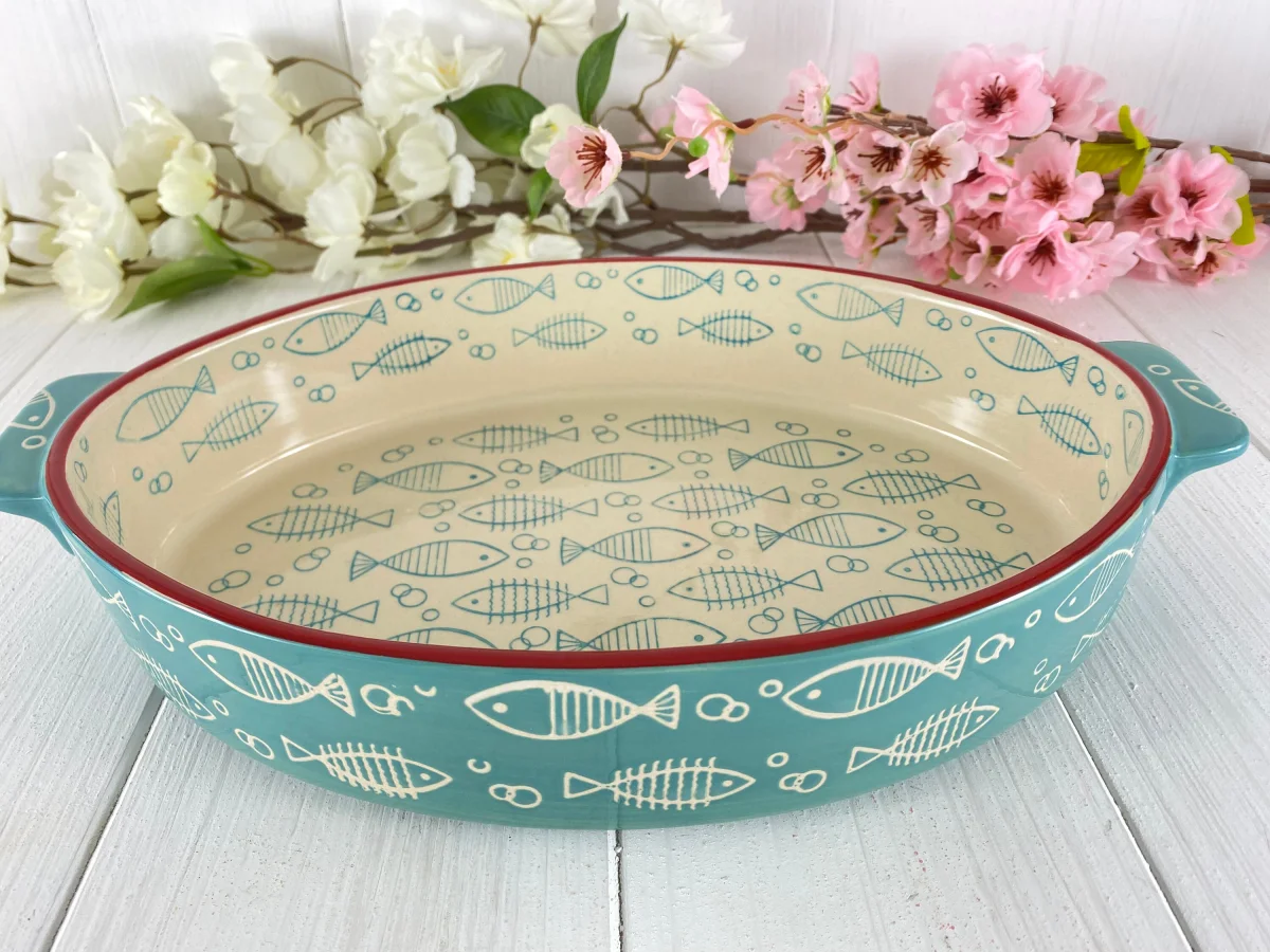 Baking dish Cake tin Baking pan Quiche dish Oven dish Turquoise Blue Fish