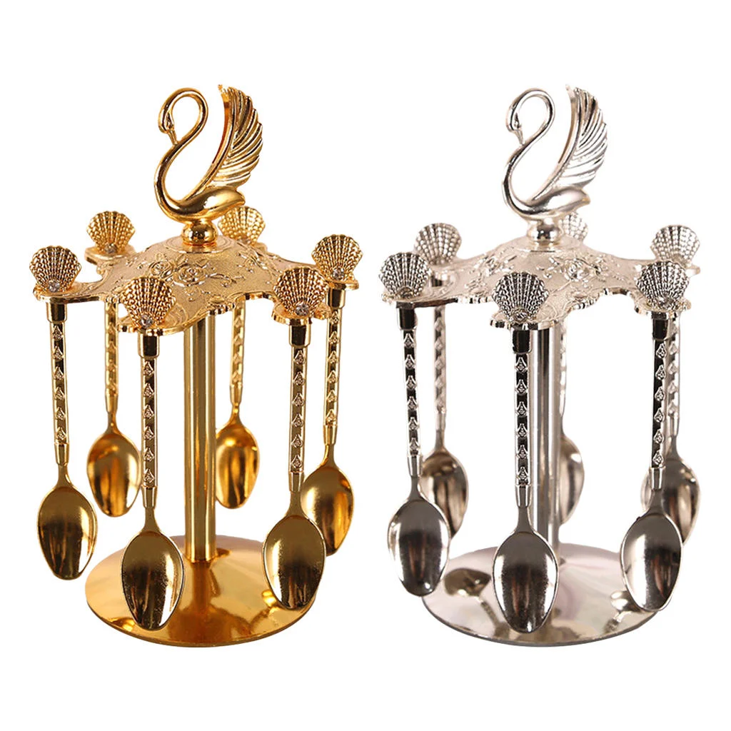 Decorative Swan Base Holder + 6 Spoons Coffee Dessert Spoons Kitchen Dinnerware Set for Stirring Mixing Sugar Coffee Decorative Swan Base Holder + 6 Spoons Coffee Dessert Spoons Kitchen Dinnerware Set for Stirring Mixing Sugar Coffee