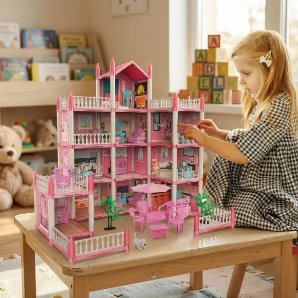 Doll House Set with 11 Rooms and Furniture Accessories, Pink Play Dream House for Girls, DIY Building Pretend Play Doll House 