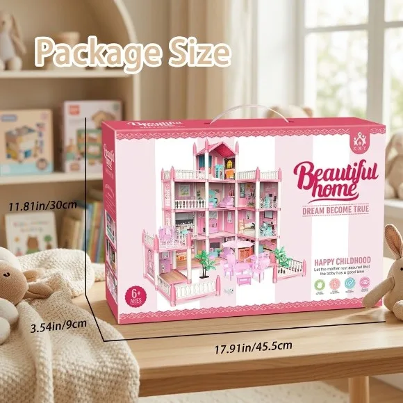 Doll House Set with 11 Rooms and Furniture Accessories, Pink Play Dream House for Girls, DIY Building Pretend Play Doll House 