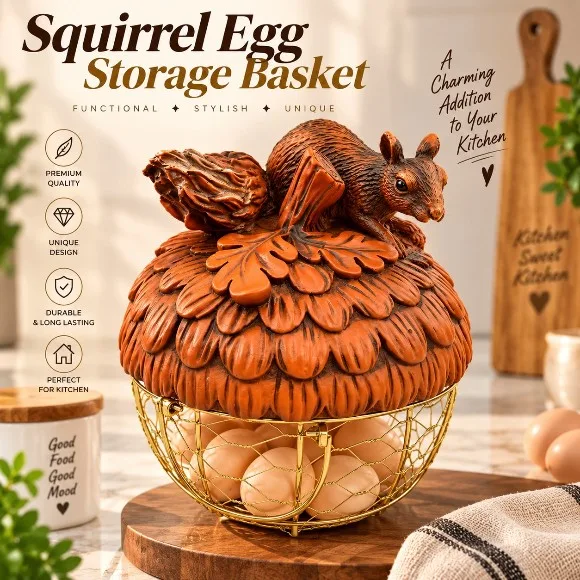 Squirrel Egg Basket Gold Wire Egg Baskets with Lid Farmhouse Style Egg Storage Container 