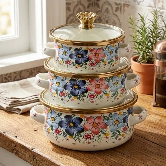 Enamel Coated Pot Set, 12-14-16cm Mini Milk Pot 0.5/0.8/1.2L Double Ear Enamel Bowl