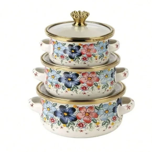 Enamel Coated Pot Set, 12-14-16cm Mini Milk Pot 0.5/0.8/1.2L Double Ear Enamel Bowl