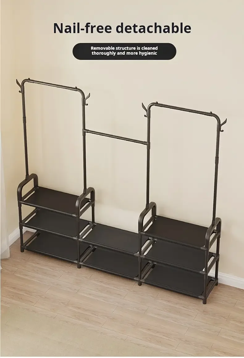 3 tier 55 freestanding metal clothing rack with shoe storage shelves entryway organizer space saving durable alloy   easy assembly 120 lb capacity for small spaces shoe storage organizer Product details 2