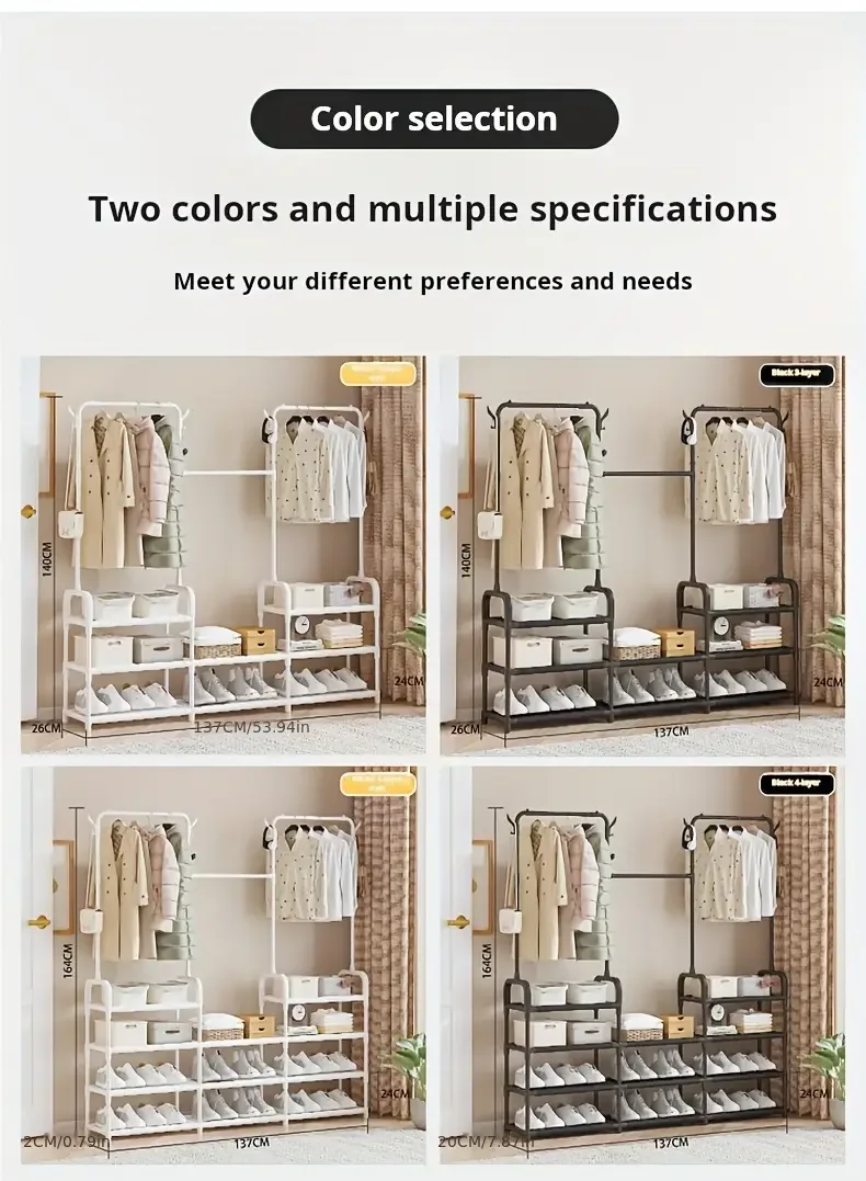 3 tier 55 freestanding metal clothing rack with shoe storage shelves entryway organizer space saving durable alloy   easy assembly 120 lb capacity for small spaces shoe storage organizer Product details 4