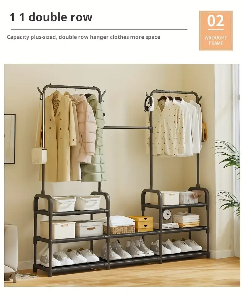 3 tier 55 freestanding metal clothing rack with shoe storage shelves entryway organizer space saving durable alloy   easy assembly 120 lb capacity for small spaces shoe storage organizer Product details 7