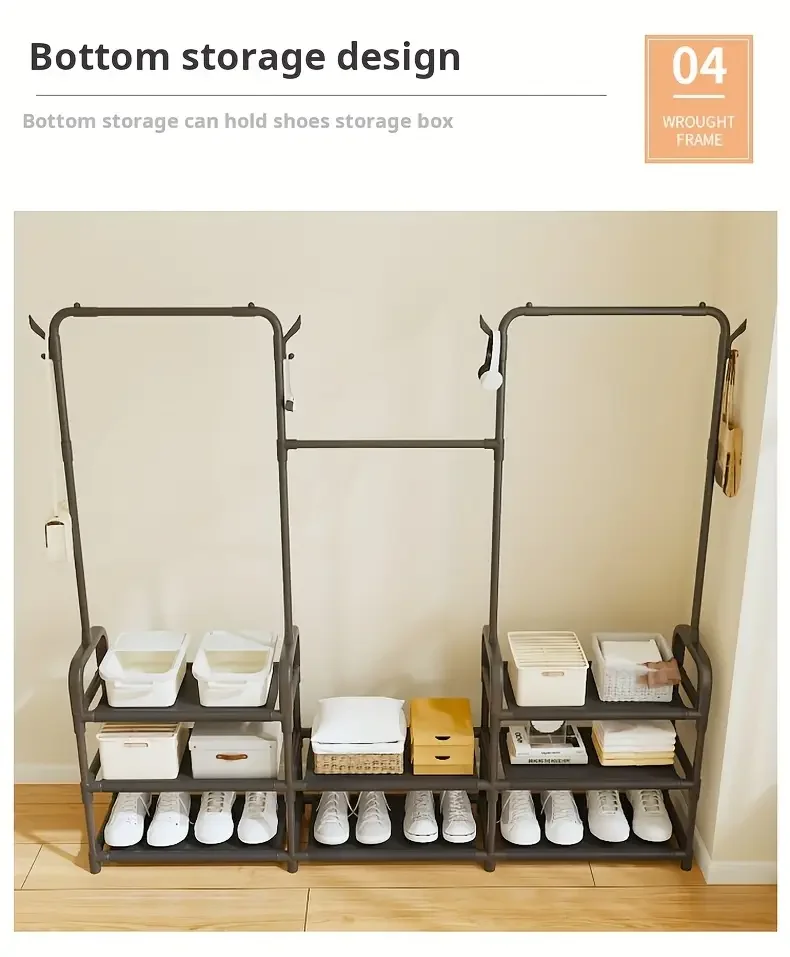 3 tier 55 freestanding metal clothing rack with shoe storage shelves entryway organizer space saving durable alloy   easy assembly 120 lb capacity for small spaces shoe storage organizer Product details 9