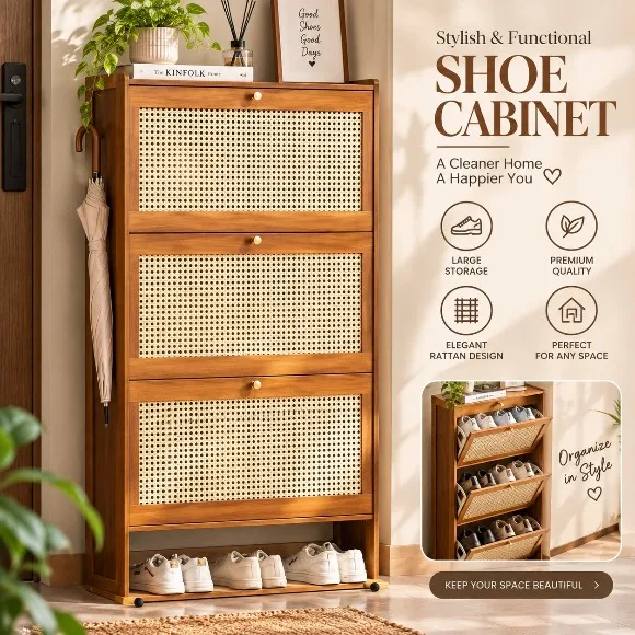 Entryway Shoe Cabinet Bamboo Slim Organizer Flip Down Hidden Shoe Rack 3 Tier