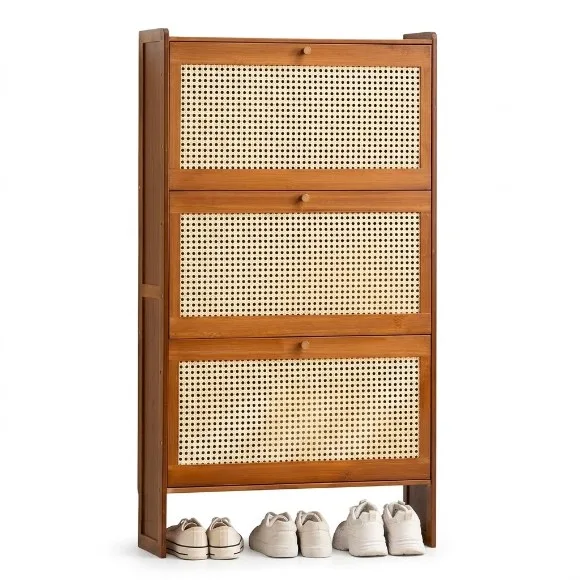 Entryway Shoe Cabinet Bamboo Slim Organizer Flip Down Hidden Shoe Rack 3 Tier