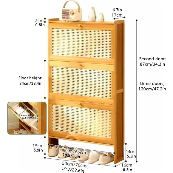 Entryway Shoe Cabinet Bamboo Slim Organizer Flip Down Hidden Shoe Rack 3 Tier