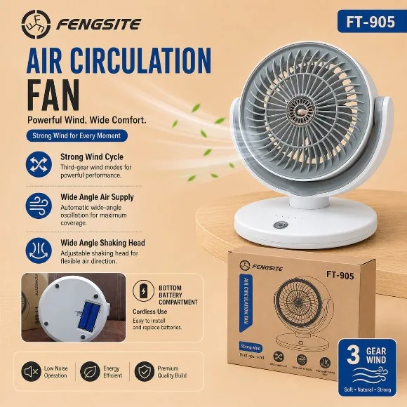 FENGSITE FT-905 Air Circulation Fan – Rechargeable Desk Fan with 3-Speed Wind