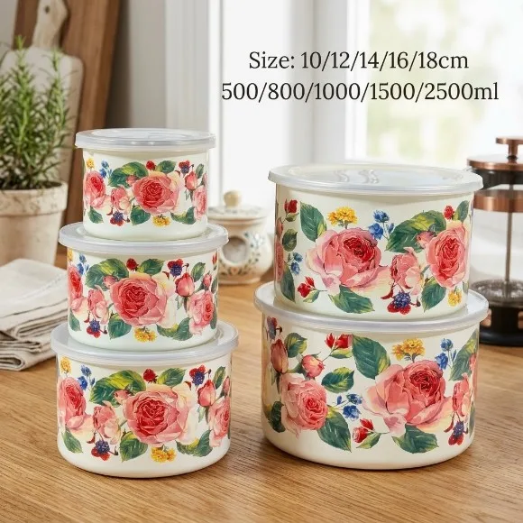 Floral Print 5 Pcs Enamel Bowl Set with Lids (10–18 cm / 500–2500 ml)