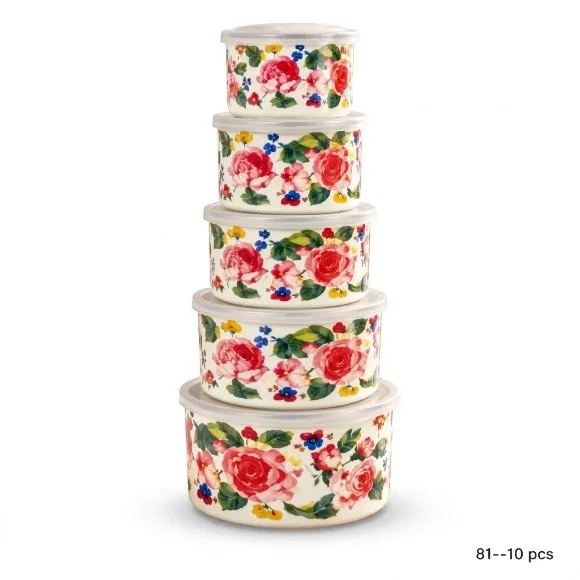 Floral Print 5 Pcs Enamel Bowl Set with Lids (10–18 cm / 500–2500 ml)