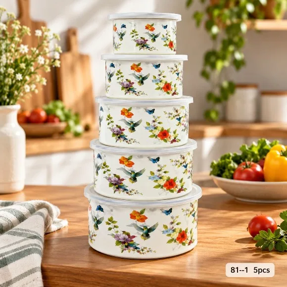 Floral Print 5 Pcs Enamel Bowl Set with Lids (10–18 cm / 500–2500 ml)