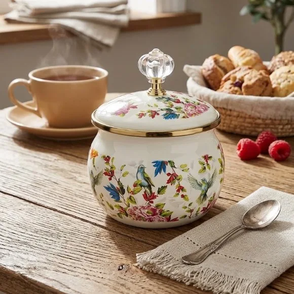 Flowers Birds Enamel Sugar Bowl Seasoning Jar 