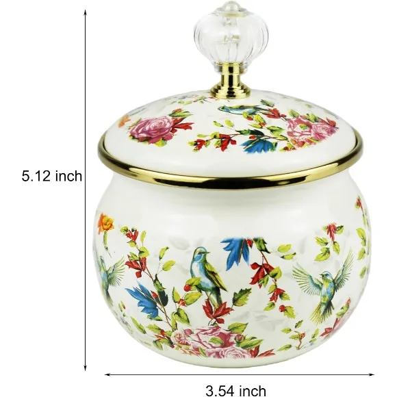 Flowers Birds Enamel Sugar Bowl Seasoning Jar 