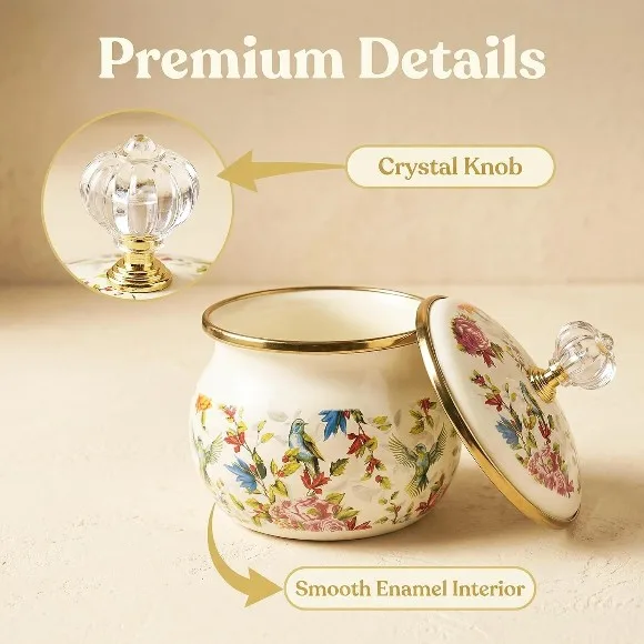 Flowers Birds Enamel Sugar Bowl Seasoning Jar 