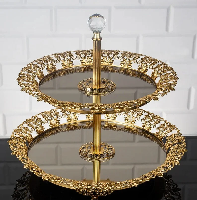 Gold Round Mirrored Tier Serving Stand image 1