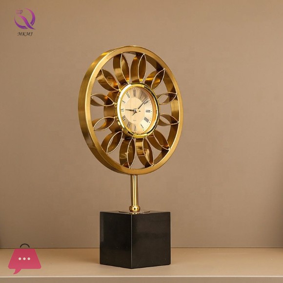 Golden Metal Decorative Table Clock Modern Stand Clock with Black Base for Office & Home Decor