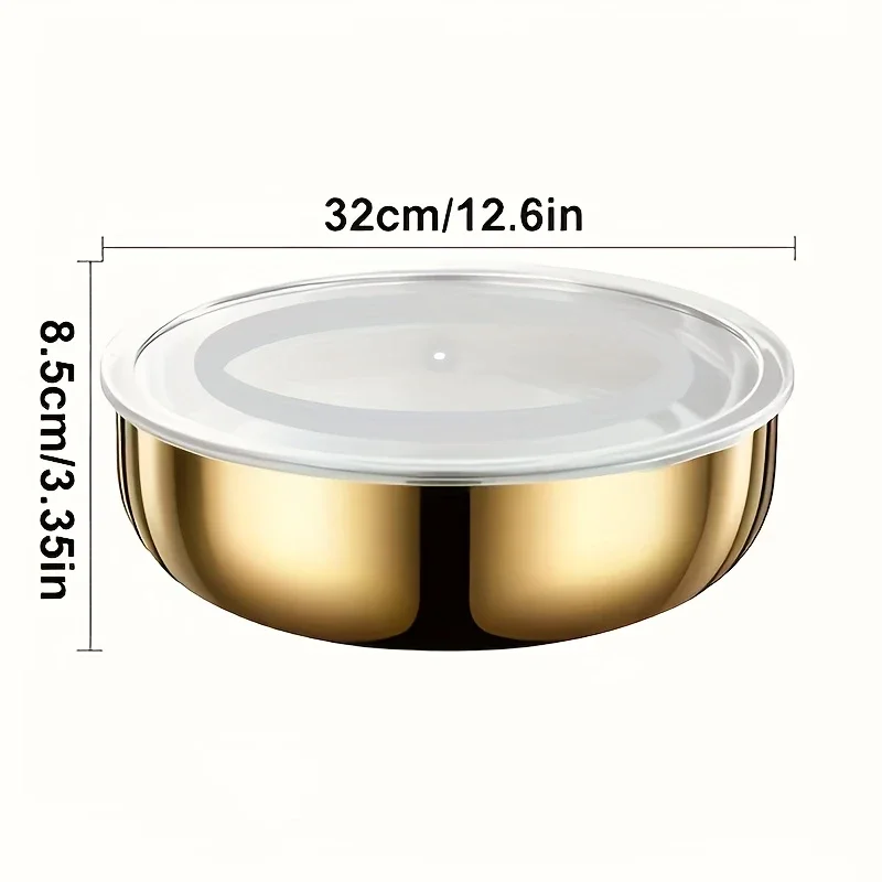 large golden stainless steel mixing bowl with lid rust resistant deep wide design for dough kneading pasta making vegetable washing soups dishwasher safe reusable dinnerware thickened construction ergonomic handles durable kitchenware Product details 0