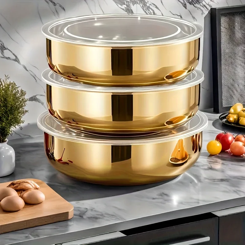 large golden stainless steel mixing bowl with lid rust resistant deep wide design for dough kneading pasta making vegetable washing soups dishwasher safe reusable dinnerware thickened construction ergonomic handles durable kitchenware Product details 2