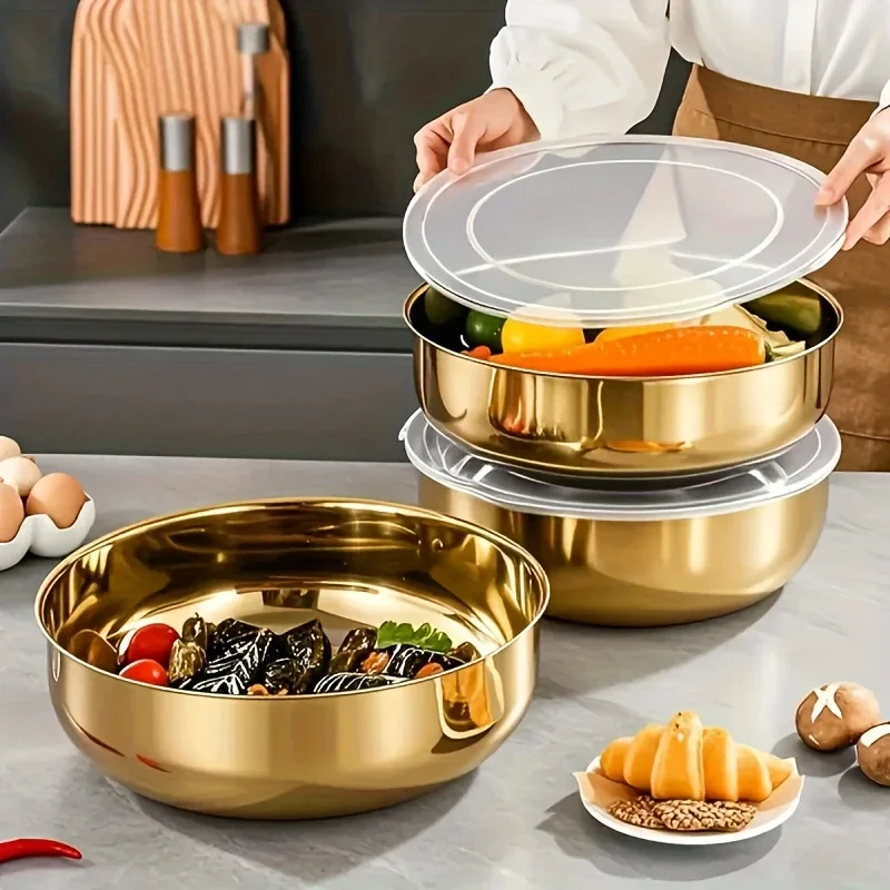 large golden stainless steel mixing bowl with lid rust resistant deep wide design for dough kneading pasta making vegetable washing soups dishwasher safe reusable dinnerware thickened construction ergonomic handles durable kitchenware Product details 3