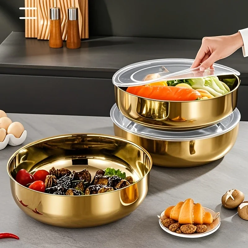 large golden stainless steel mixing bowl with lid rust resistant deep wide design for dough kneading pasta making vegetable washing soups dishwasher safe reusable dinnerware thickened construction ergonomic handles durable kitchenware Product details 4
