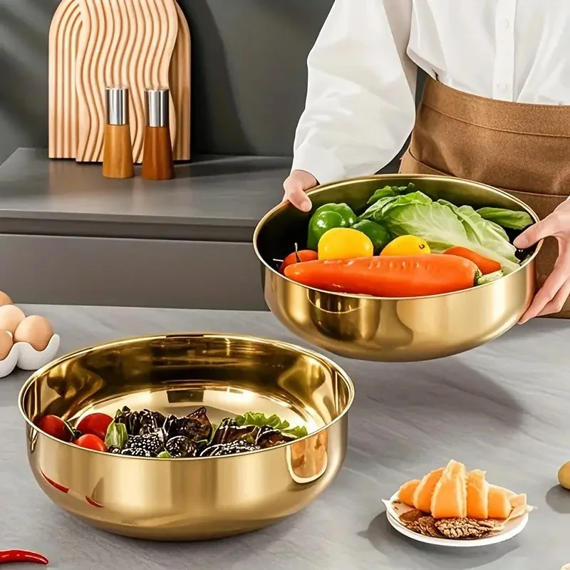 large golden stainless steel mixing bowl with lid rust resistant deep wide design for dough kneading pasta making vegetable washing soups dishwasher safe reusable dinnerware thickened construction ergonomic handles durable kitchenware Product details 5