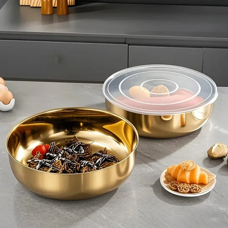large golden stainless steel mixing bowl with lid rust resistant deep wide design for dough kneading pasta making vegetable washing soups dishwasher safe reusable dinnerware thickened construction ergonomic handles durable kitchenware Product details 6