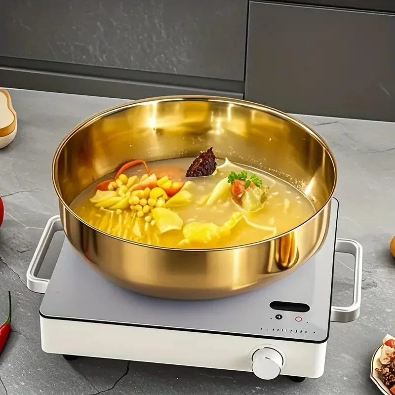large golden stainless steel mixing bowl with lid rust resistant deep wide design for dough kneading pasta making vegetable washing soups dishwasher safe reusable dinnerware thickened construction ergonomic handles durable kitchenware Product details 7