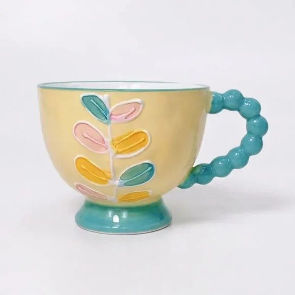 Hand-Painted Floral Ceramic Cup Creative Non-Slip Design with Colorful Beaded Handle Microwave Safe 1Pc